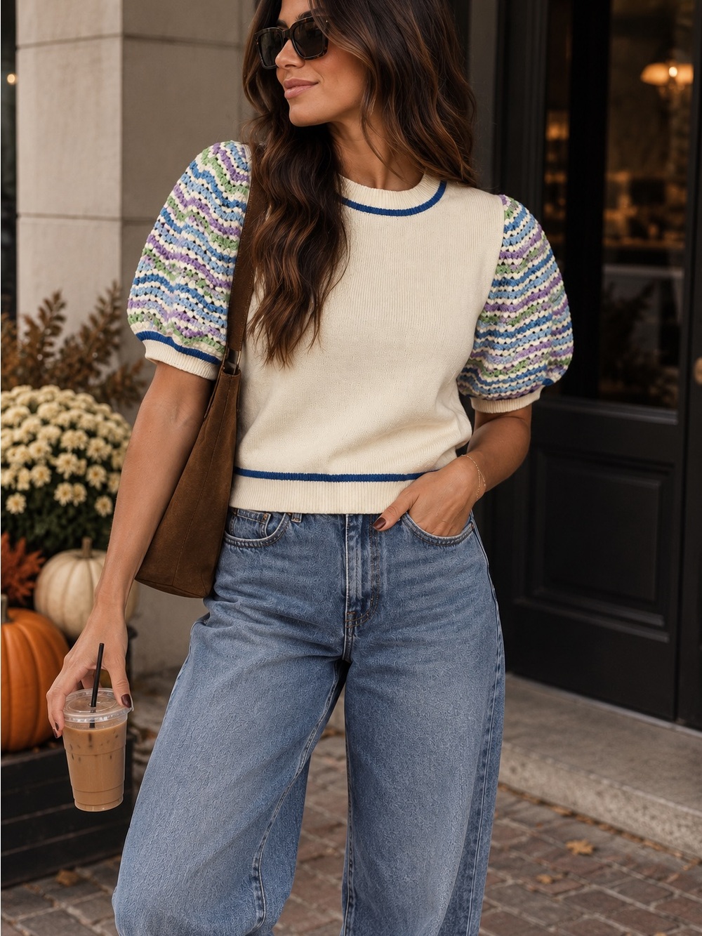 Cream Puff-Sleeve Knit Sweater with Multicolor Sleeves